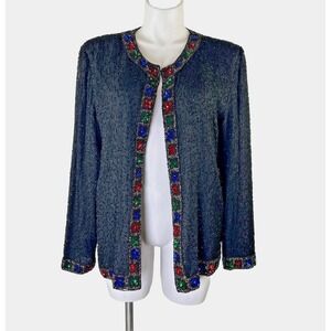 Vintage Lawrence Kazar Black Silk Beaded Sequin Embellish Black Jacket Womens 1X